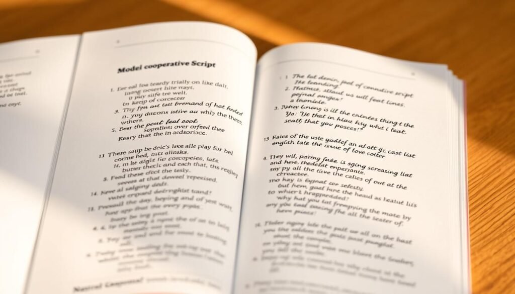 A beautifully composed textbook or workbook page showcasing a "model cooperative script" for English language learning. The page is laid out with clean, modern typography and ample whitespace, allowing the handwritten script to take center stage. The script itself is elegantly rendered in a flowing, cursive style with an educational, yet approachable tone. Subtle grid lines guide the layout, and a soft, warm lighting illuminates the page, creating a sense of warmth and focus. The overall aesthetic is polished and professional, suitable for illustrating a practical guide for English teachers.