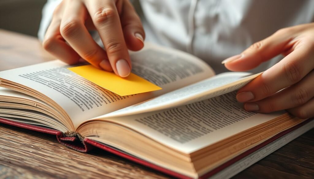 A close-up shot of a person's hands carefully applying a colorful sticky note or bookmark to the pages of an open book, representing the strategic implementation of the book's lessons into daily life. The lighting is soft and natural, accentuating the textural details of the book's cover and the person's hands. The background is blurred, keeping the focus on the tactile, intentional process of integrating the book's wisdom. The composition conveys a sense of mindfulness, dedication, and the practical application of self-improvement principles.