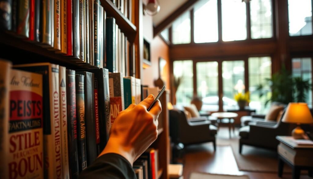 A cozy, well-lit bookshelf with a variety of self-improvement books in the foreground. In the middle ground, a person's hand carefully examining the spines and covers, evaluating their options. The background features a warm, inviting room with natural lighting filtering through large windows, conveying a sense of tranquility and focus. The scene exudes an atmosphere of thoughtful contemplation, guiding the viewer on the journey of selecting the right self-improvement book.