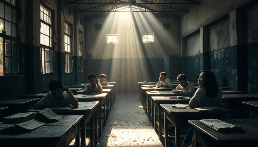 A dimly lit classroom with worn desks and tattered textbooks, students struggling to learn amid the crumbling infrastructure. In the background, a dilapidated school building, its walls crumbling, symbolizing the neglect and underfunding plaguing the Indonesian education system. Sunlight filters in through dusty windows, casting a somber, thought-provoking atmosphere. The scene conveys the harsh realities and challenges faced by educators and students, the urgent need for reform and investment to improve the quality and accessibility of education in Indonesia.