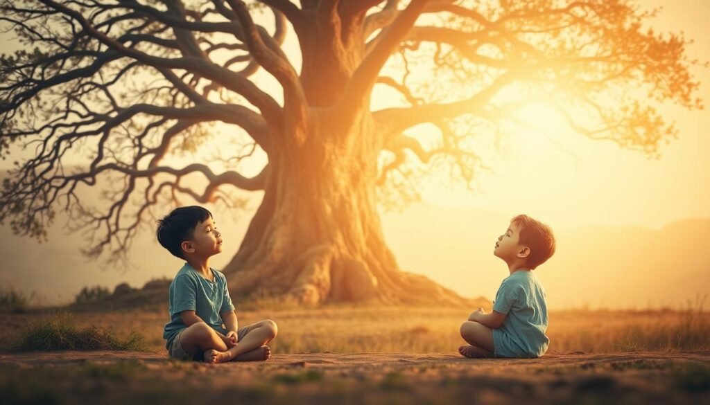 A serene and contemplative scene of the essence of education. In the foreground, a small child sits cross-legged, eyes closed, lost in deep thought. The middle ground features a towering, ancient tree, its branches reaching skyward, symbolizing the growth and wisdom inherent in the pursuit of knowledge. The background is bathed in a warm, golden light, casting a sense of tranquility and enlightenment. Soft, natural textures and muted colors create a calming, meditative atmosphere, inviting the viewer to reflect on the true nature and purpose of education - to cultivate the mind, nurture the spirit, and unlock the boundless potential within.