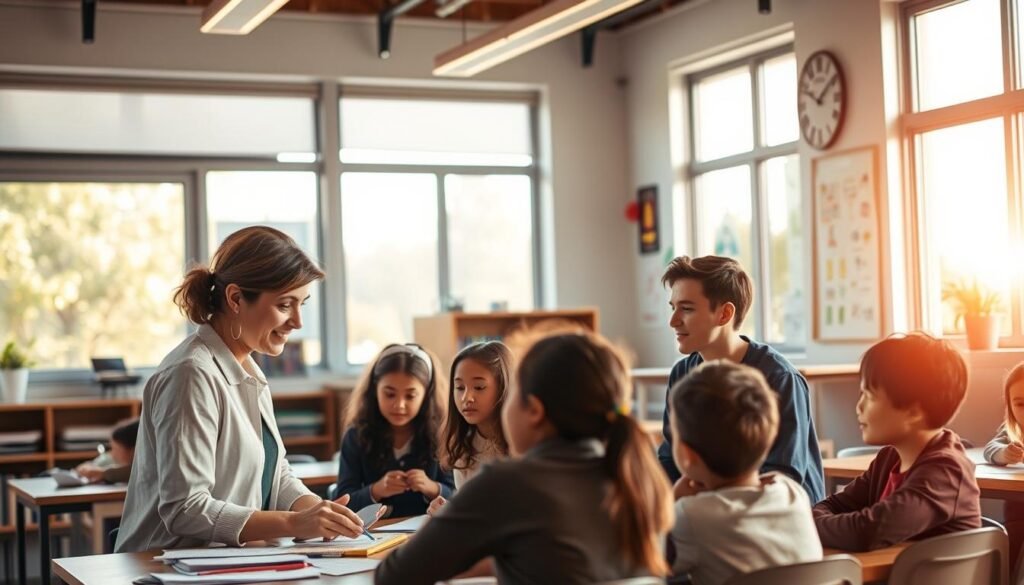 A tranquil classroom setting, with students engaged in group discussions and hands-on activities. The warm, natural lighting filters through large windows, casting a soft glow on the scene. In the foreground, a teacher guides the students, encouraging them to explore and discover. The middle ground showcases the students collaborating, their expressions reflecting deep thought and curiosity. In the background, inspirational educational materials and artwork adorn the walls, creating an atmosphere of intellectual pursuit. The overall mood is one of growth, discovery, and the joyful process of learning beyond mere knowledge transfer.
