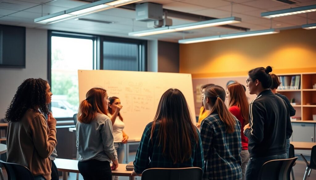 A vibrant, collaborative learning environment with a group of diverse students engaged in active discussion, brainstorming ideas on a whiteboard. The scene is illuminated by warm, natural lighting, creating a sense of energy and creativity. The arrangement of the students suggests a circular, inclusive setup, fostering open communication and teamwork. In the background, a modern, well-equipped classroom with floor-to-ceiling windows provides a sleek, professional setting. The overall atmosphere conveys the advantages of the cooperative script method, emphasizing its ability to promote active learning, critical thinking, and effective communication among students.