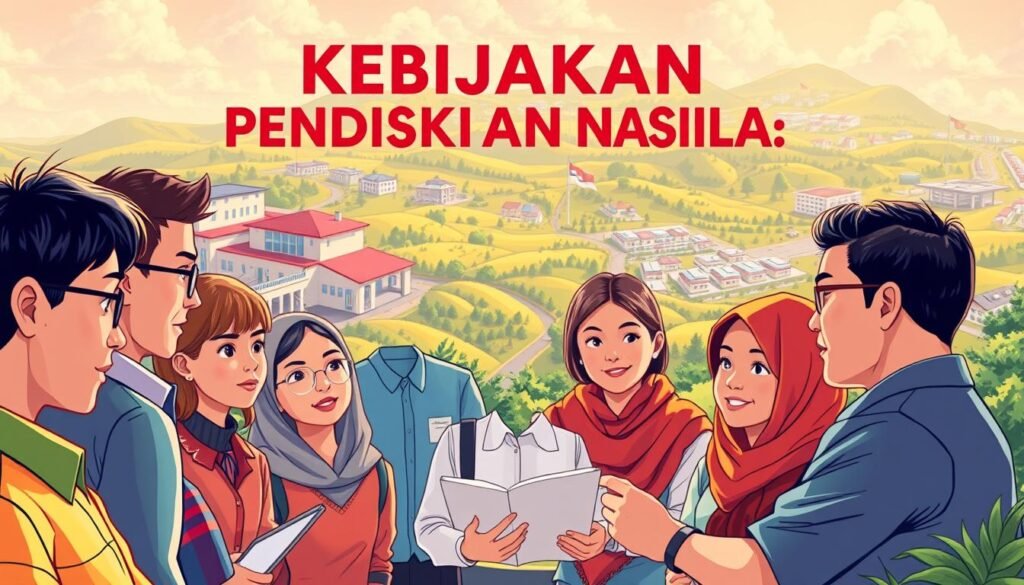 A vibrant, detailed illustration depicting the concept of "Kebijakan Pendidikan Nasional" (National Education Policy). In the foreground, a group of diverse students, teachers, and policymakers are engaged in a collaborative discussion, their expressions conveying a sense of thoughtful deliberation. The middle ground features a backdrop of modern school buildings, laboratories, and libraries, symbolizing the infrastructure and resources supporting the educational system. In the background, a panoramic view of the country's landscape, with rolling hills, forests, and urban centers, representing the nationwide scope and impact of the national education policy. The lighting is warm and inviting, creating a atmosphere of progress and optimism. The overall composition communicates the comprehensive, inclusive, and forward-thinking nature of the national education policy.